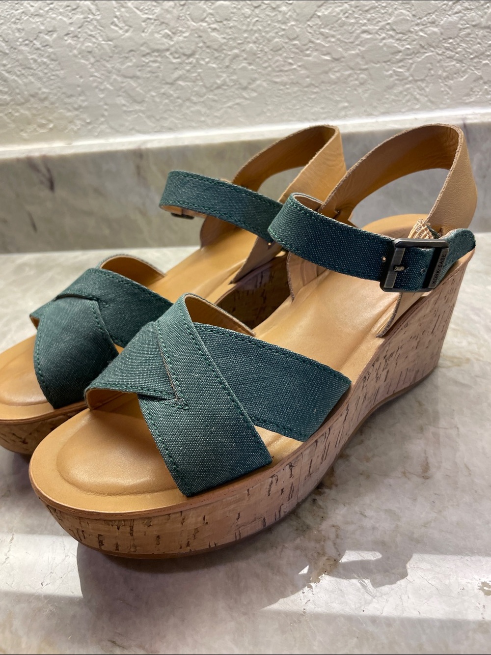 Kork-Ease Green Fabric Cork Wedge Sandals